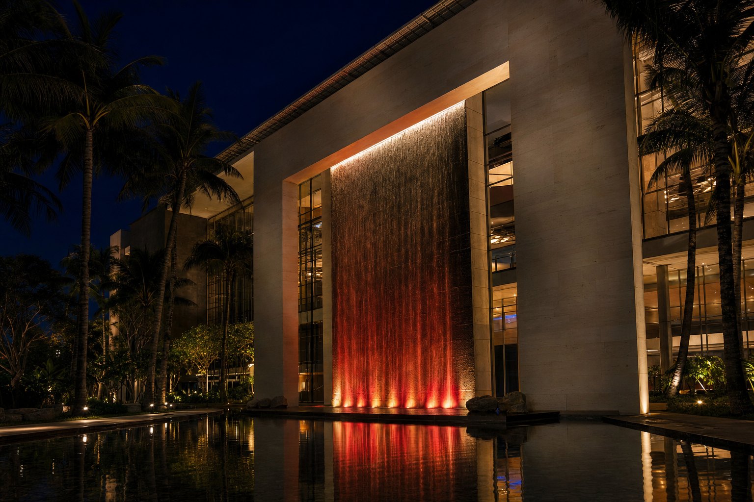 Architectural visualisation of the proposed PNG-Pacific-Sin International Knowledge City: the 16 metre cascade under night projection