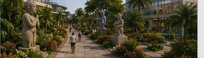 Cultural garden walkway with stone carvings and planting, architectural visualisation