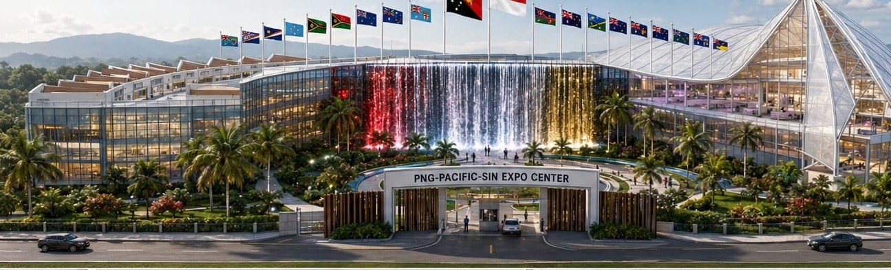 Architectural visualisation of the proposed PNG-Pacific-Sin International Knowledge City: the john guise drive frontage at dusk