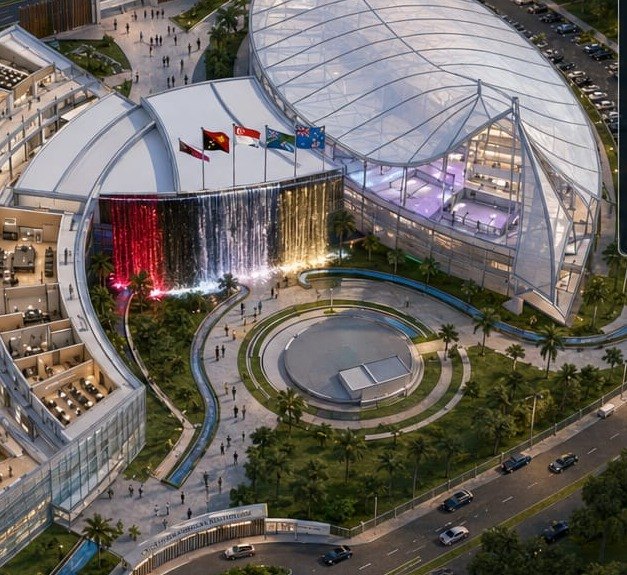 Architectural visualisation of the proposed cascade lit at dusk, seen from above
