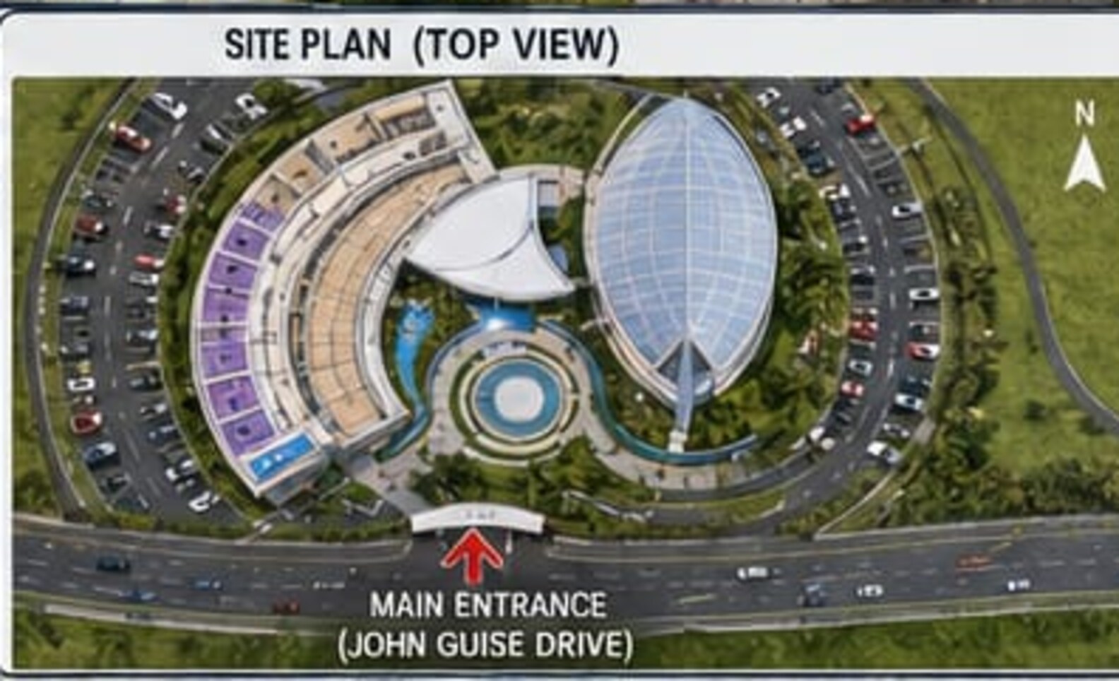 Site plan of the proposed complex in top view, showing the entrance drive, the flag plaza and the two pavilions