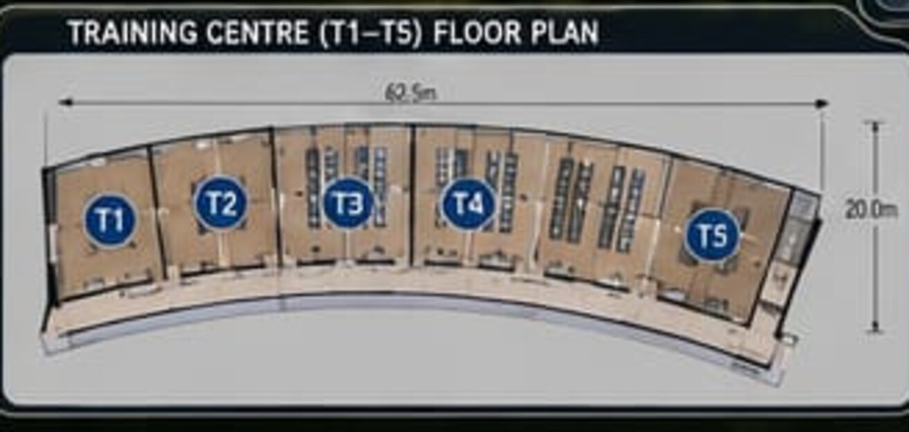 Floor plan of the proposed training centre wing showing five rooms T1 to T5