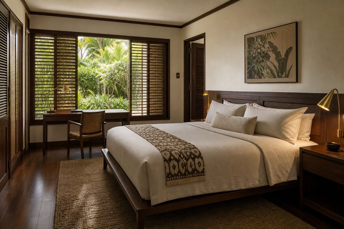 Interior visualisation of a proposed 75 square metre one-bedroom executive lodging suite