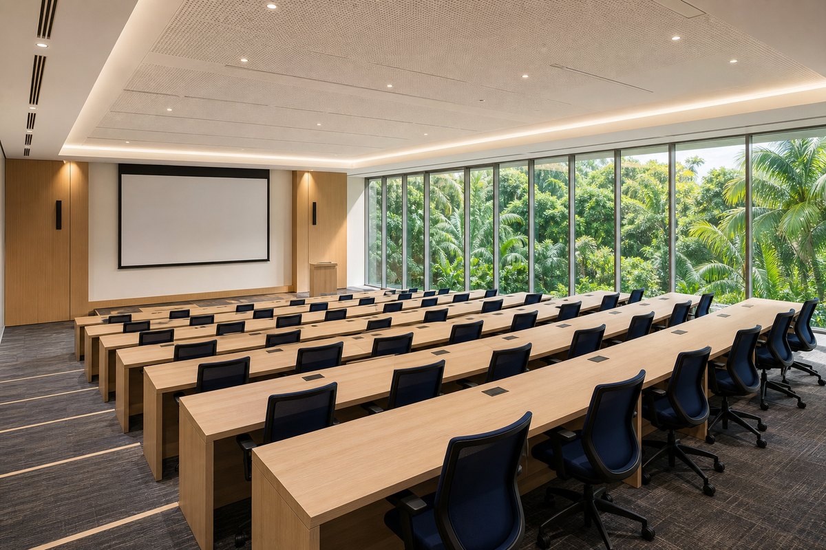 Visualisation of a training room in the proposed centre, tiered desks facing a
                presentation wall