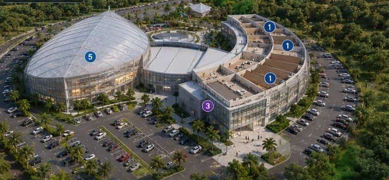 Architectural visualisation of the proposed PNG-Pacific-Sin International Knowledge City: the pavilions from the rear